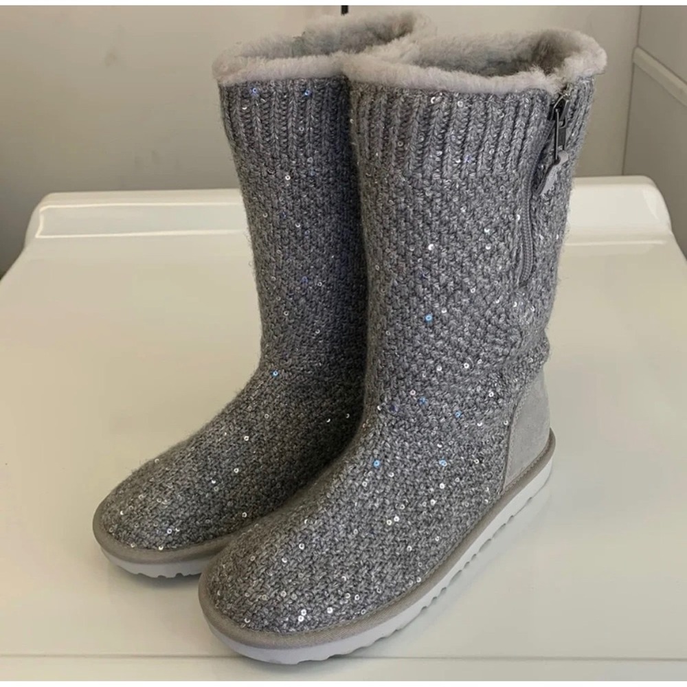 Ugg Boots Kids Girls Size 4 Gray Sequins Sherpa Lined Side Zip